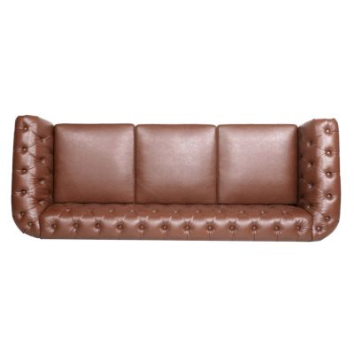 84.65" Brown PU Rolled Arm Chesterfield Three Seater Sofa