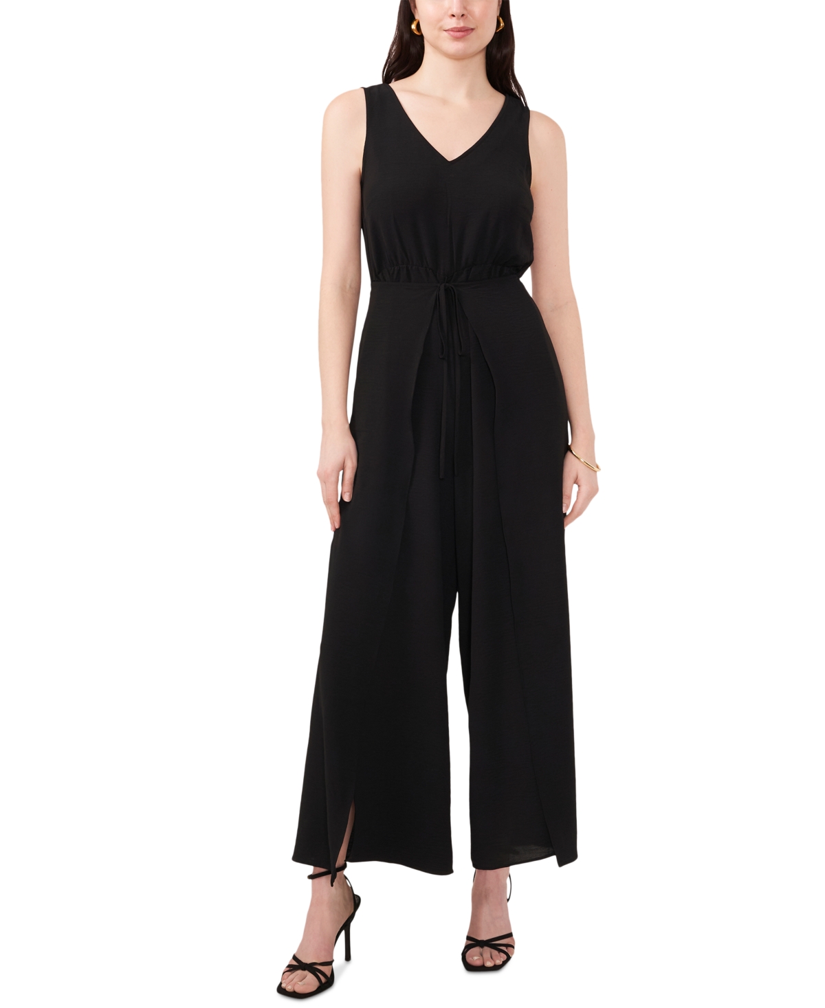 Shop Msk Women's Sleeveless Wrap-tie Wide-leg Jumpsuit In Black