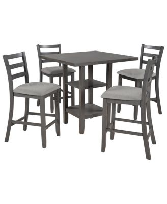 5-Piece Wooden Counter Height Dining Set With Padded Chairs And Storage Shelving