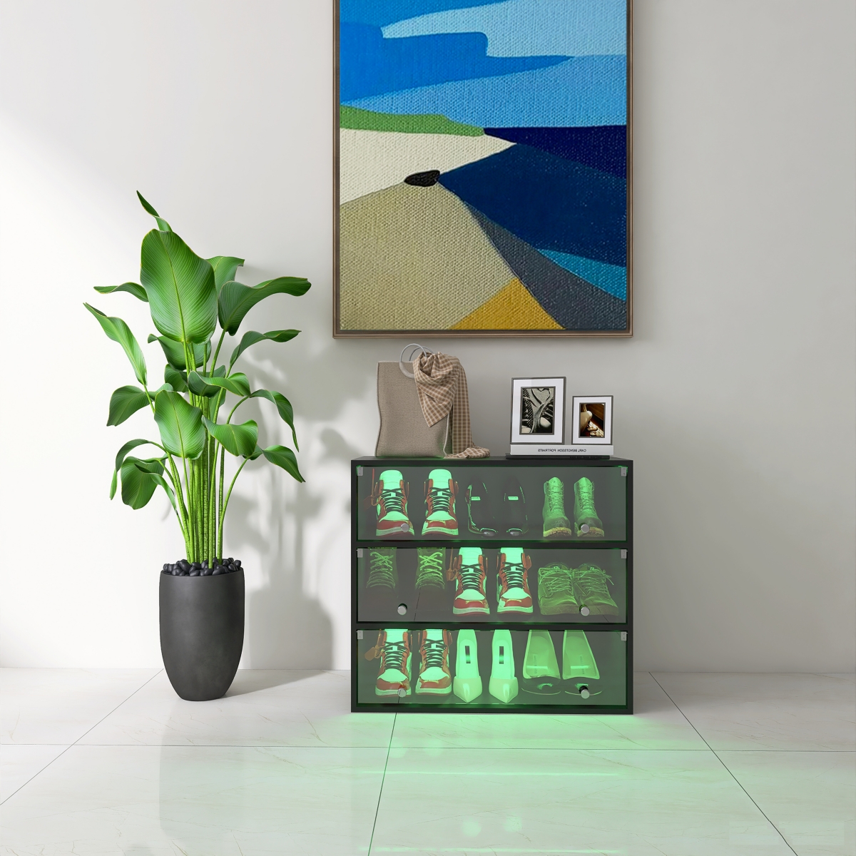 Streamdale Furniture Led Light Shoe Box Three Layers With Glass Doors