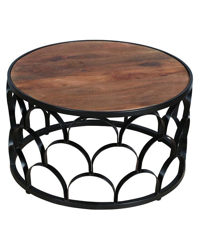 Simplie Fun 32 Inch Round Coffee Table, Mango Wood Top, Lattice Cut Out ...
