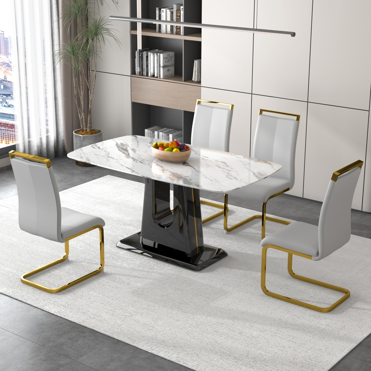 Streamdale Furniture A modern, minimalist, and luxurious dining table with aimitation marble tabletop and Mdf legs with U-shaped brackets. Tabl