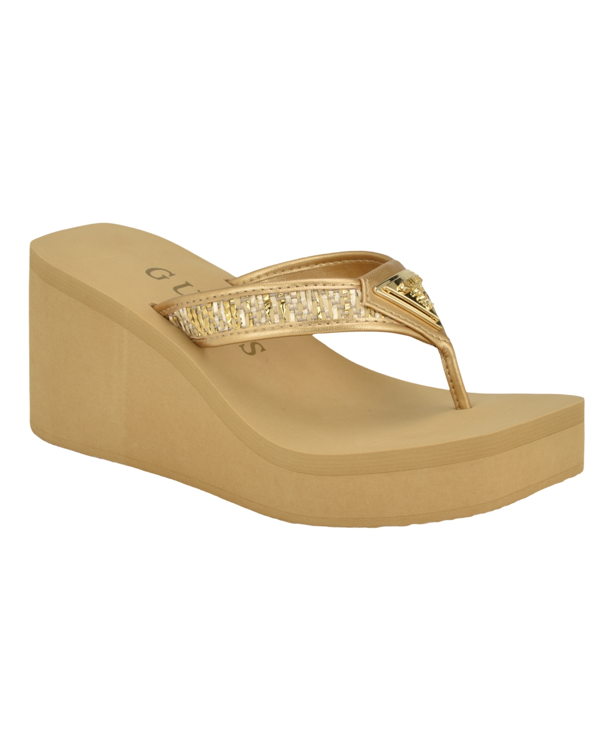 Shop Guess Women's Demmey Logo Thong Square Toe Wedge Sandals In Gold