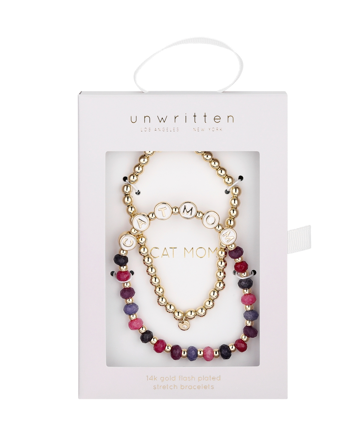 Unwritten Multi Purple Quartz Cat Mom Stone And Beaded Stretch Bracelet Set In Gold