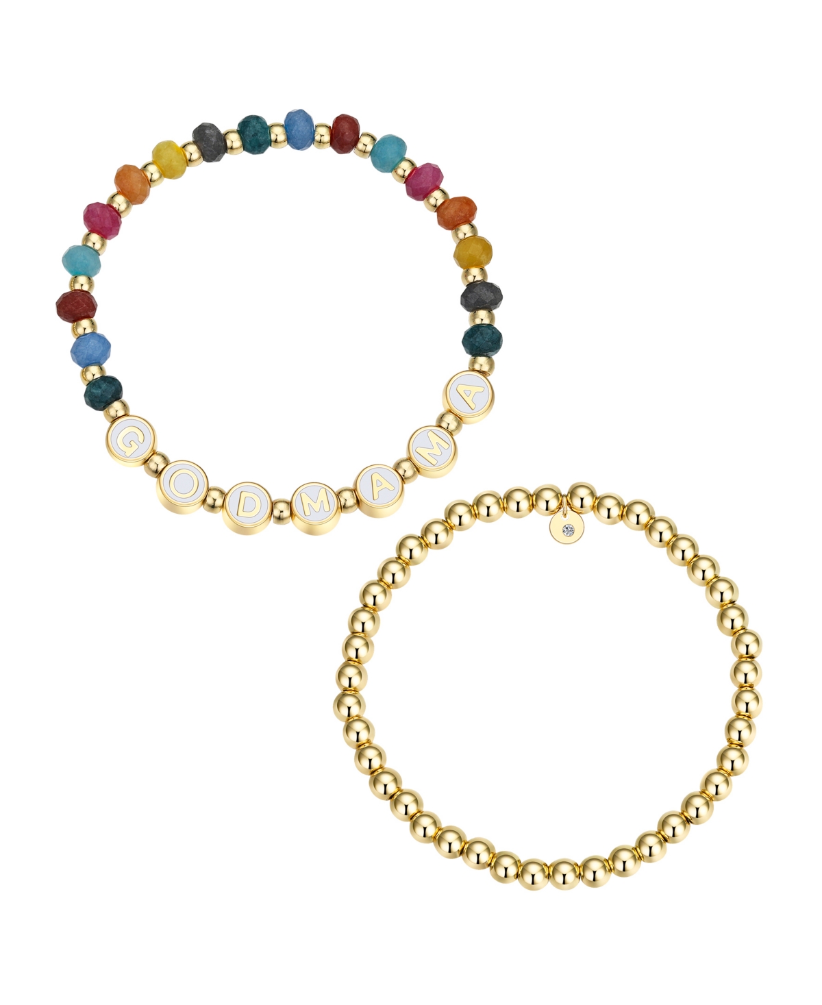 Multi Color Quartz Godmama Stone and Beaded Stretch Bracelet Set - Gold