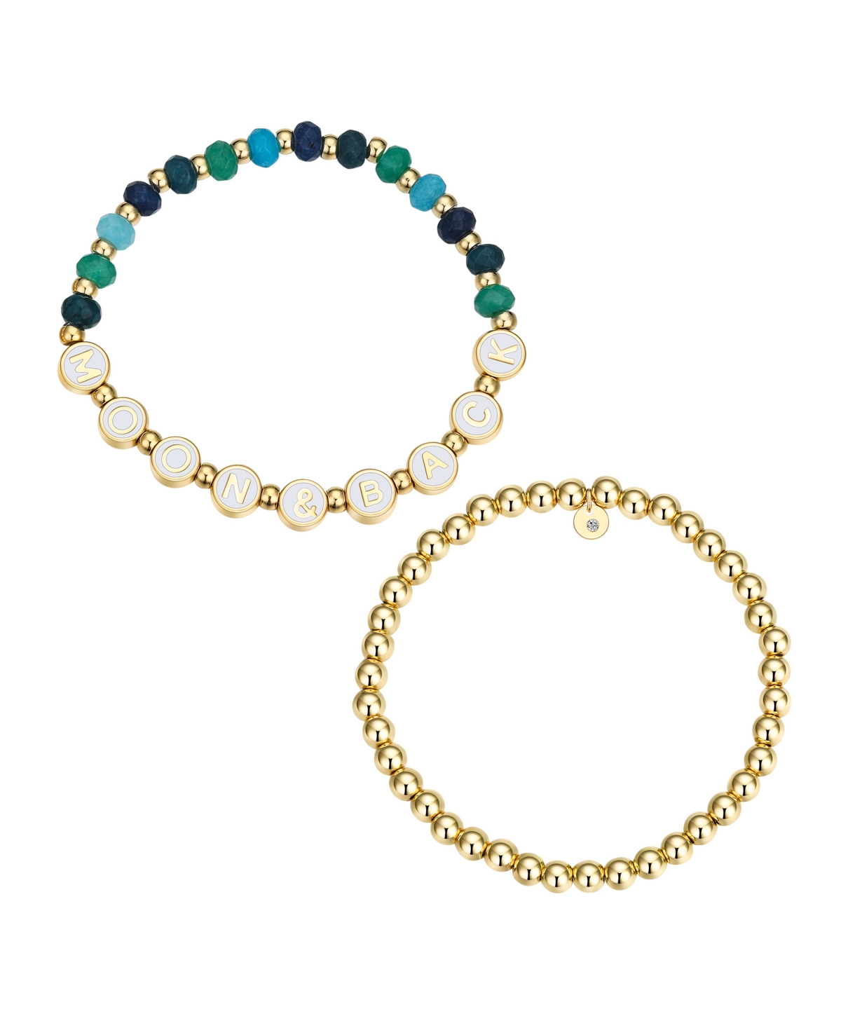 Multi Blue Quartz Moon Back Stone and Beaded Stretch Bracelet Set - Gold