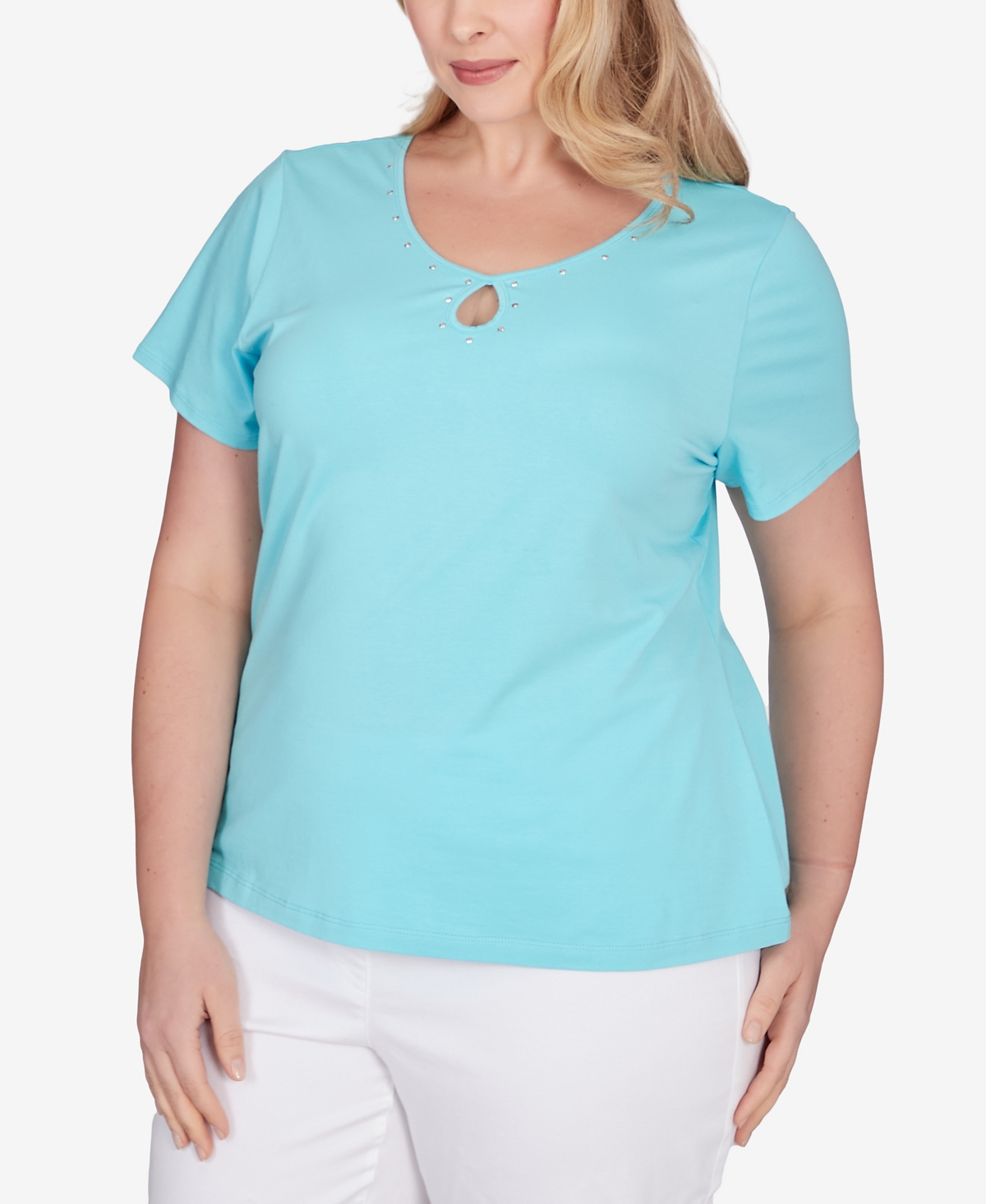 Shop Hearts Of Palm Plus Size Spring Into Action Solid Short Sleeve Shirt In Medium Blue