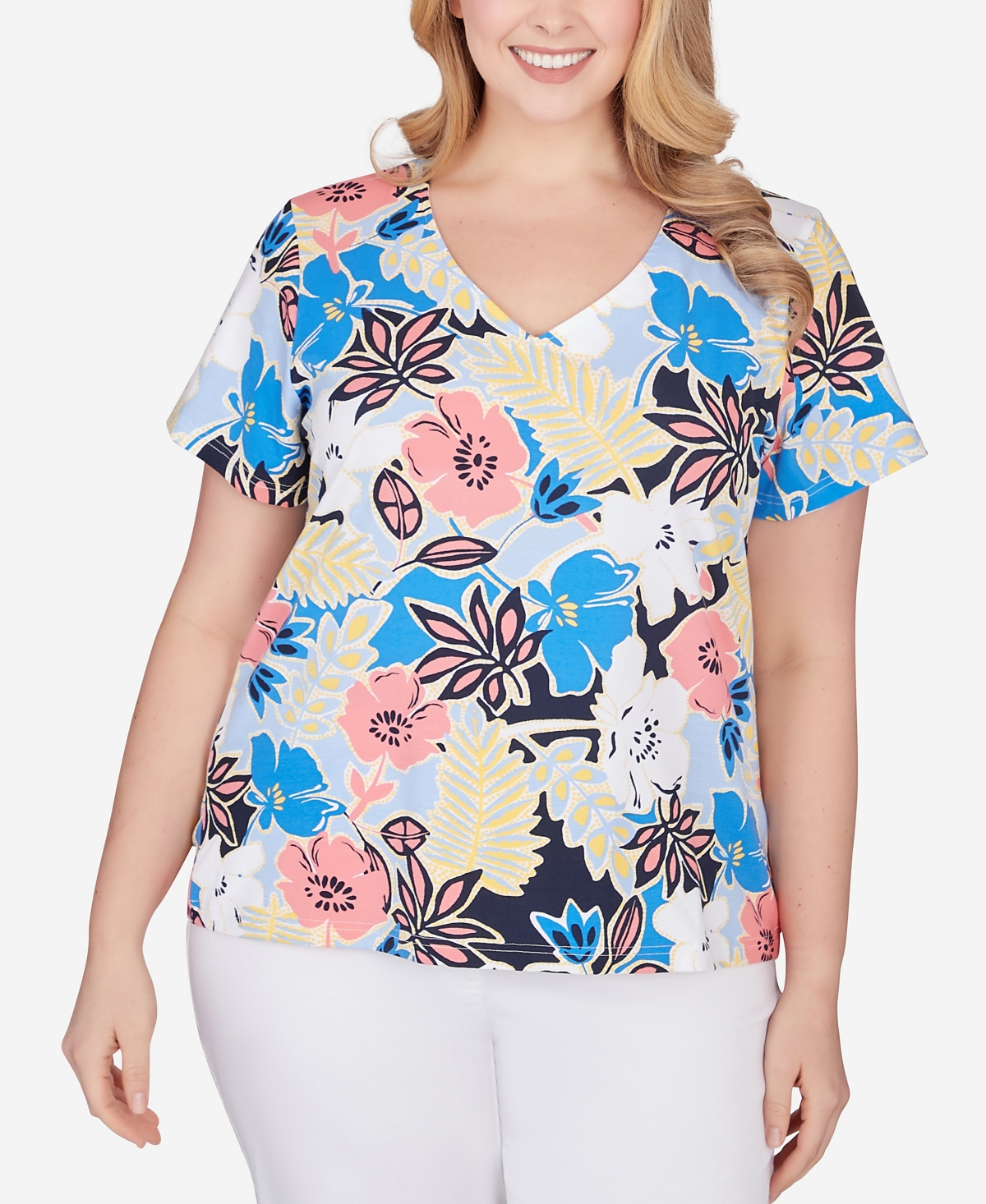Shop Hearts Of Palm Plus Size Printed Essentials Short Sleeve Top In Bright Blue Multi