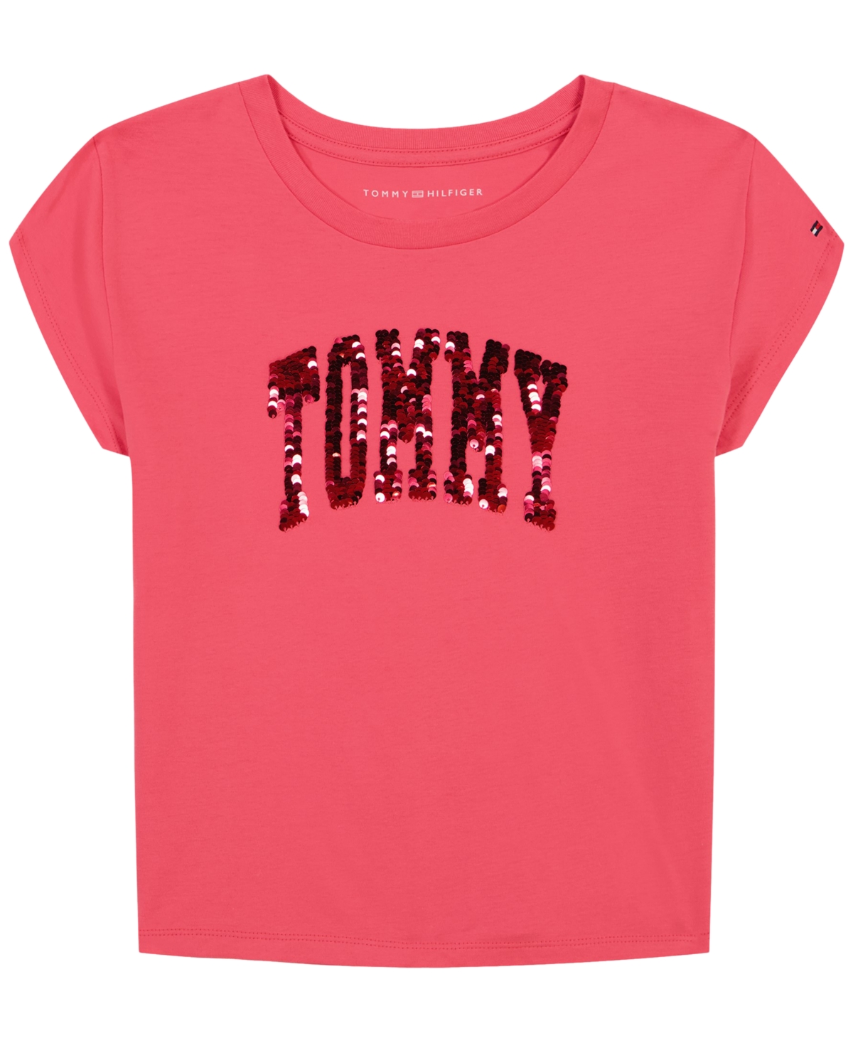 Shop Tommy Hilfiger Big Girls Arch Flip-sequin Cotton Graphic T-shirt In Rouge Pink