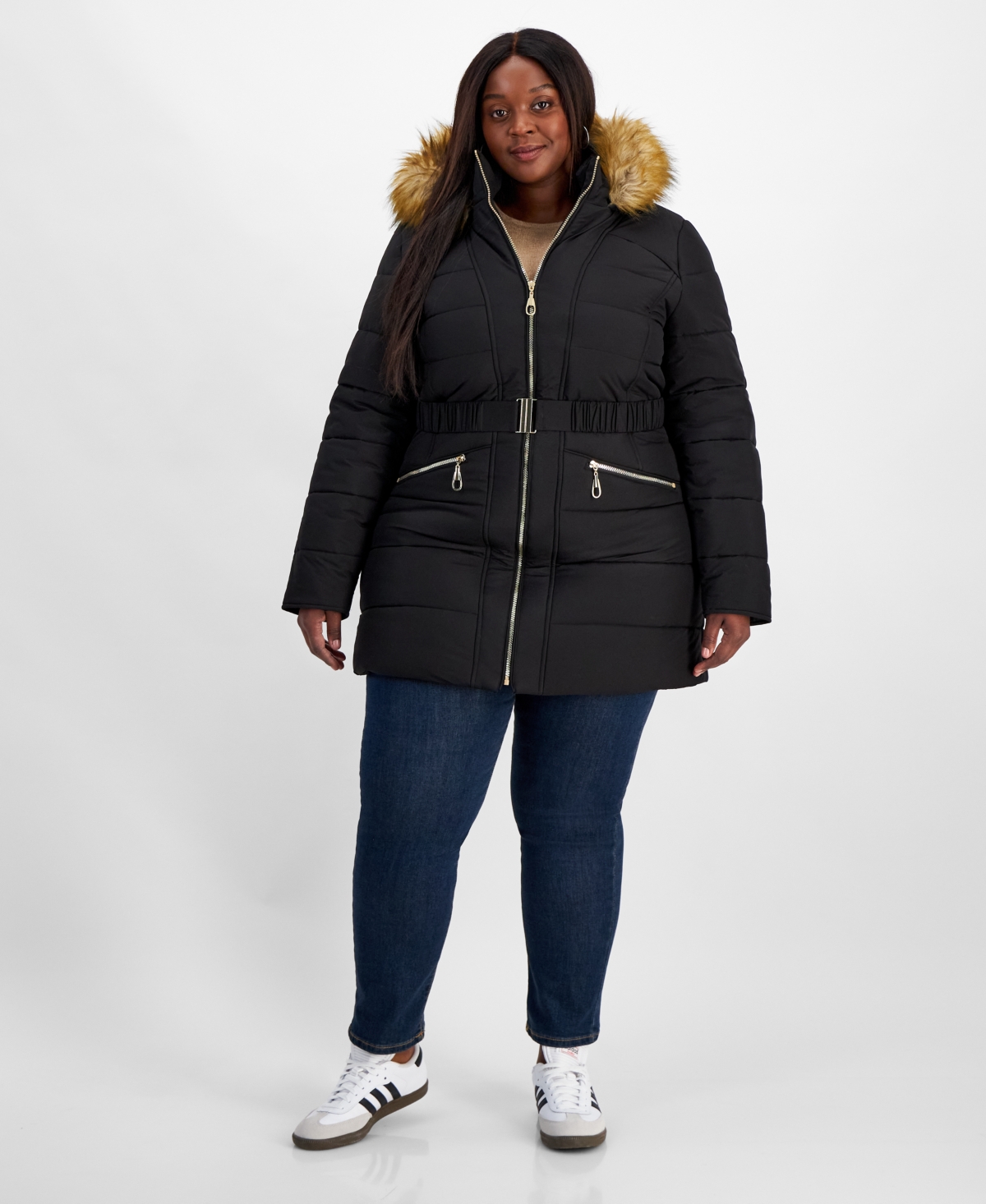 Maralyn & Me Plus-Size Belted Faux-Fur-Hooded Puffer Coat