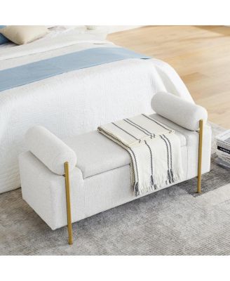 White linen upholstered bench with iron legs