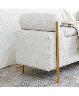 White linen upholstered bench with iron legs