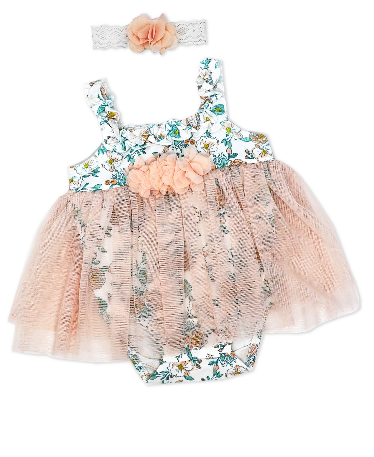 Baby Girls 2 Piece Peach Floral Romper with Tulle Over Skirt and Matching Headband