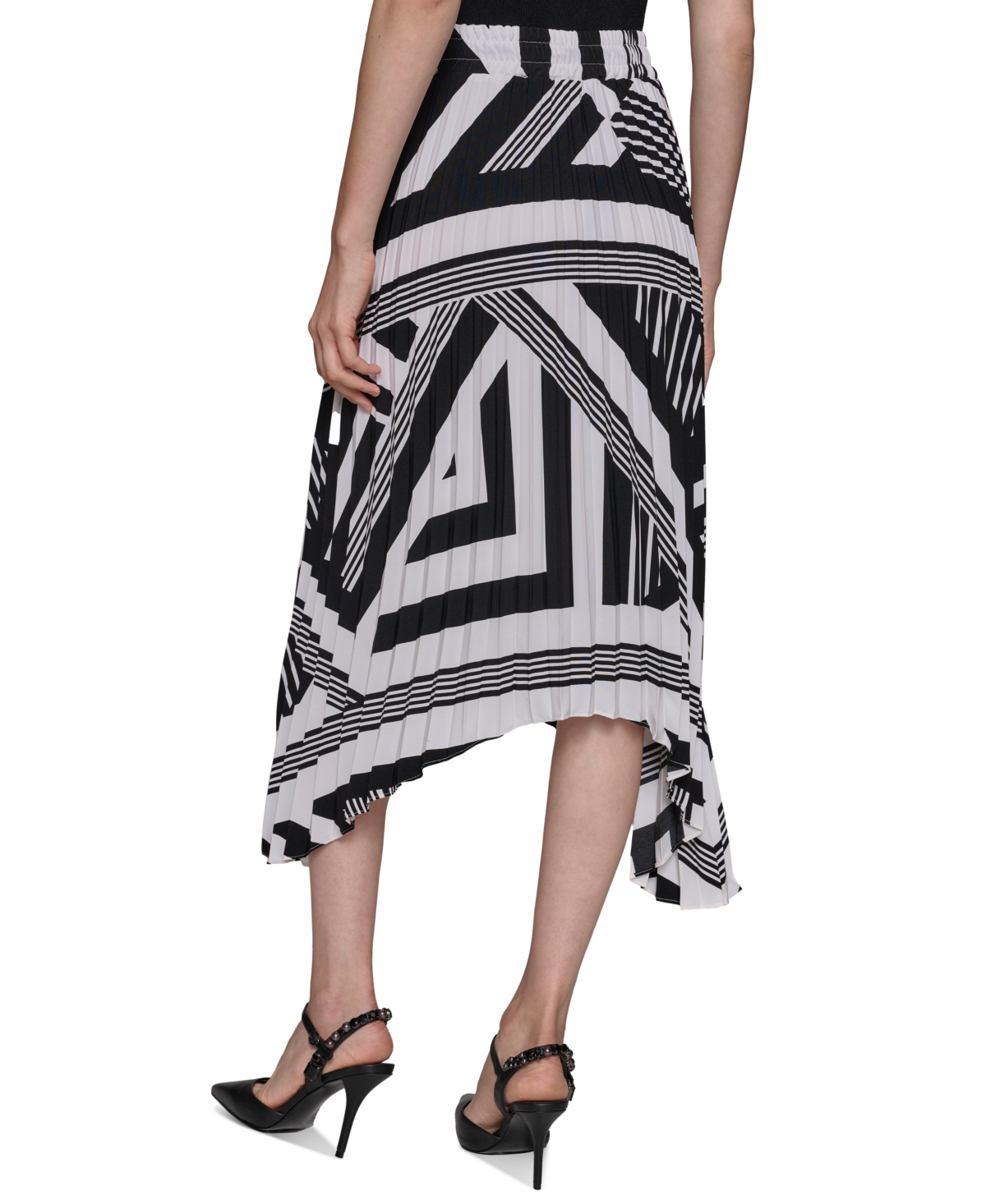 Karl Lagerfeld Paris Women's Printed Pleated Pull-On Asymmetrical-Hem Midi Skirt - Soft White  Black