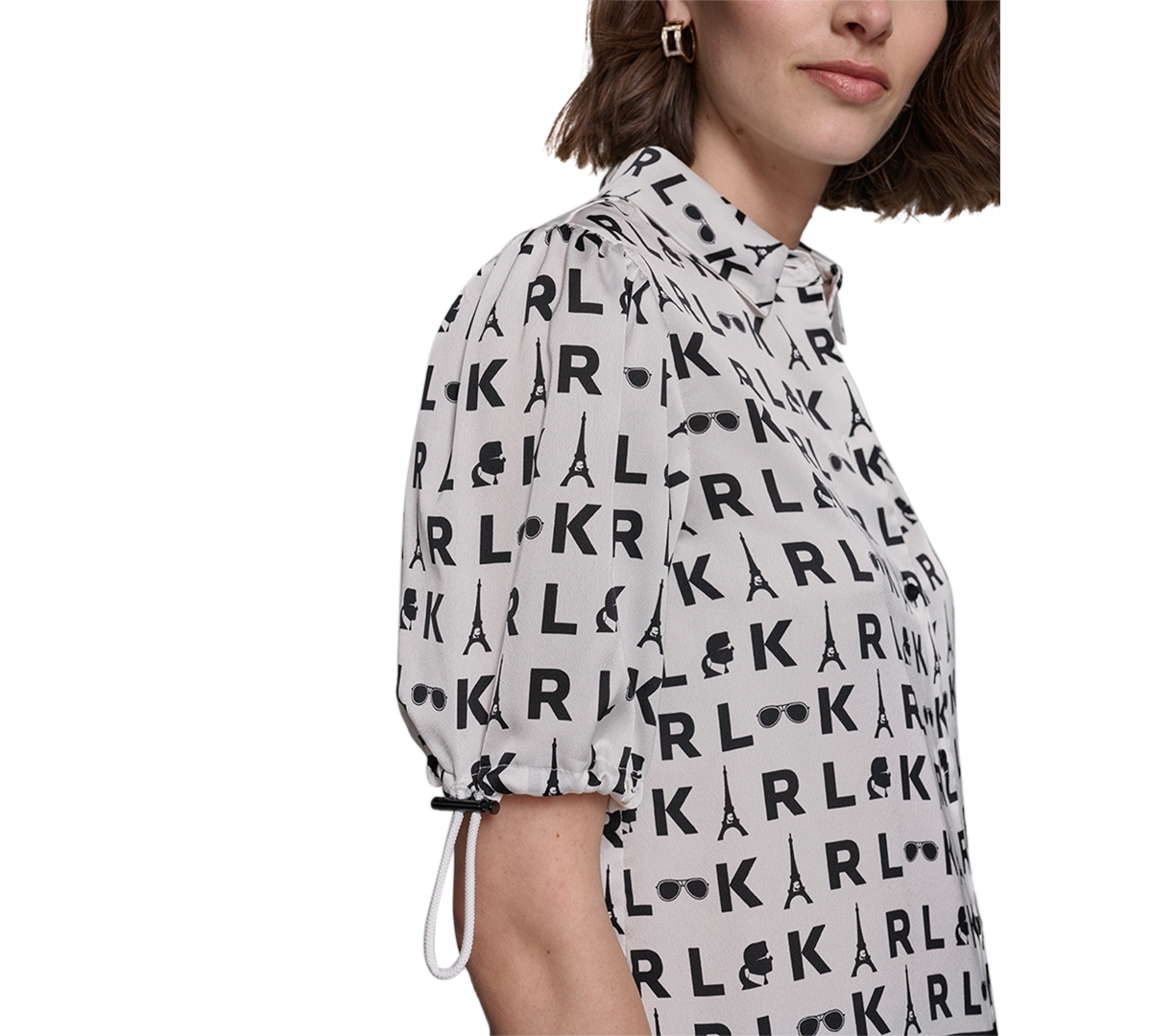 Karl Lagerfeld Paris Women's Printed Bungee-Sleeve Button-Down Top - Soft White  Black