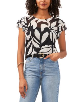 Vince Camuto - Women's Printed Ruffled-Sleeve Crewneck Blouse