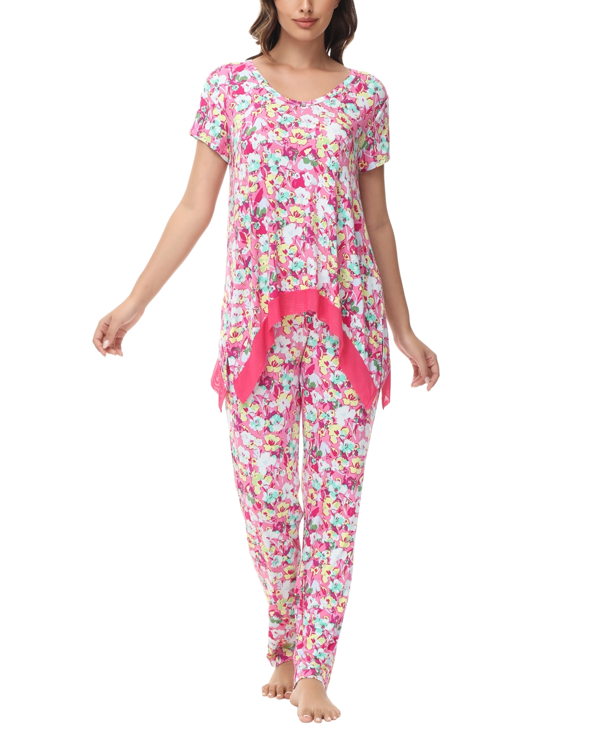 Lori Goldstein Women's Printed Short Sleeve Tunic With Pant Pajama Set In Cheetah