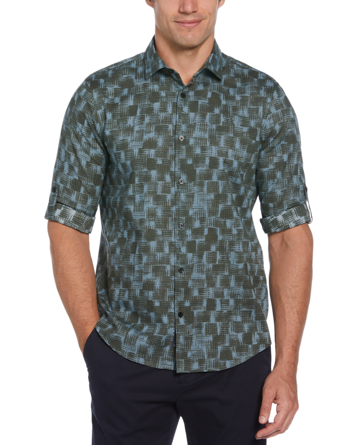 Men's Rolled Sleeve Button-Front Geo Print Shirt - Cilantro