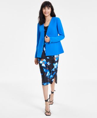 Shop Bar Iii Womens Floral Print Bias Cut Midi Dress Textured Crepe Blazer Created For Macys In Black,french Blue