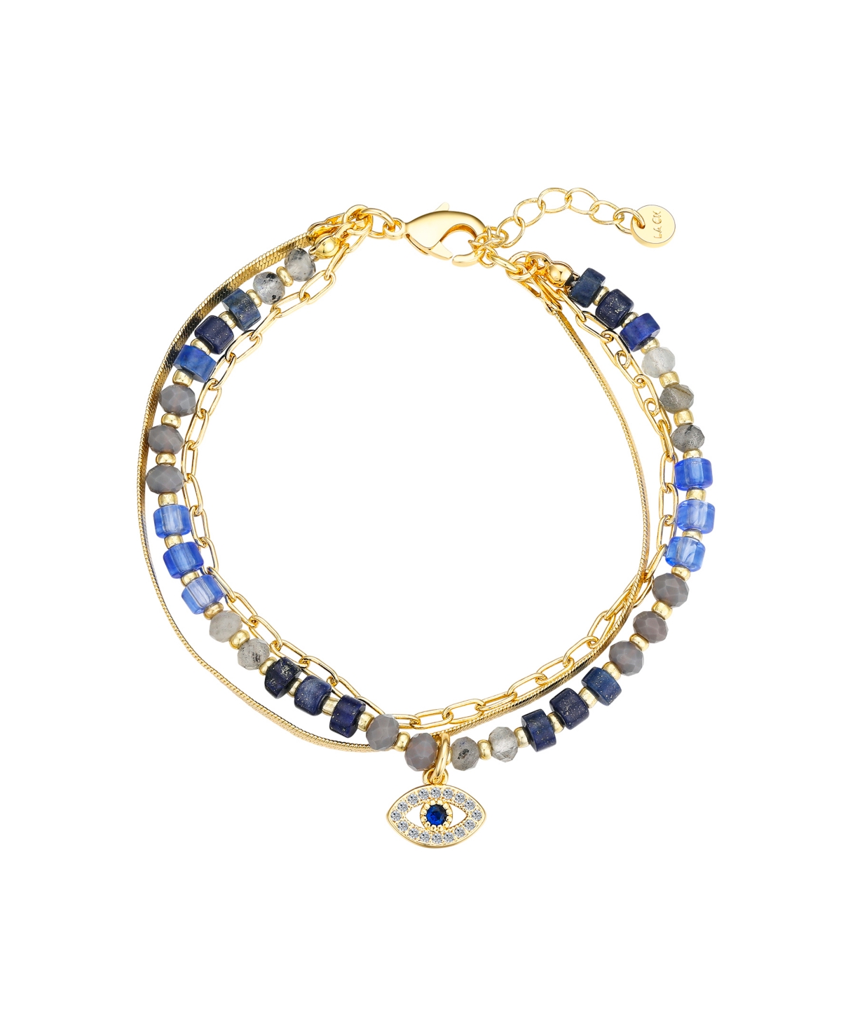 Cubic Zirconia Multi Blue Glass Evil Eye Triple Strand Bracelet - Gold