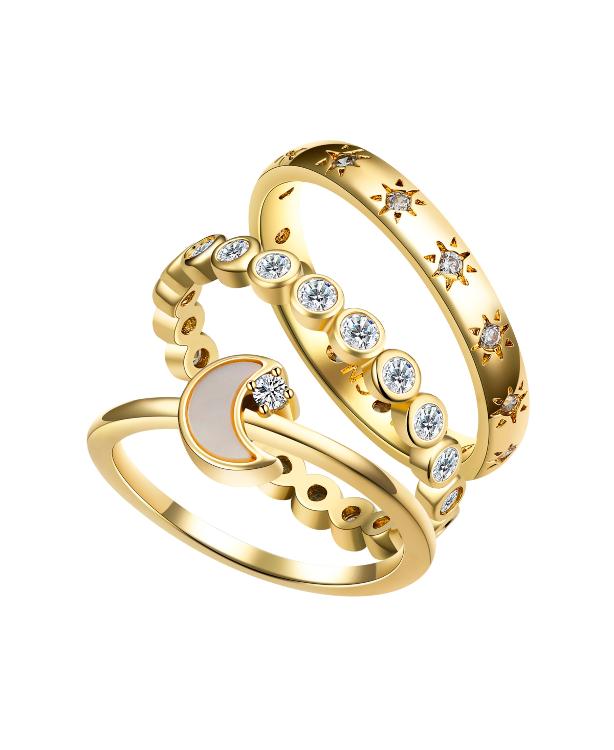 Cubic Zirconia Bezel, Star, Mother of Pearl Moon Ring Set - Gold