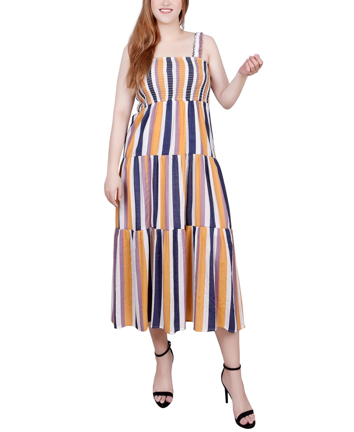 Ny Collection Petite Smocked-bodice Tiered Midi Dress In Blue