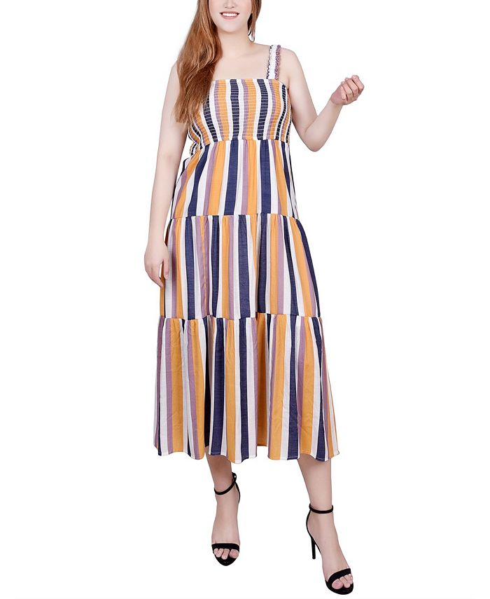 NY Collection Petite Smocked-Bodice Tiered Midi Dress - Macy's