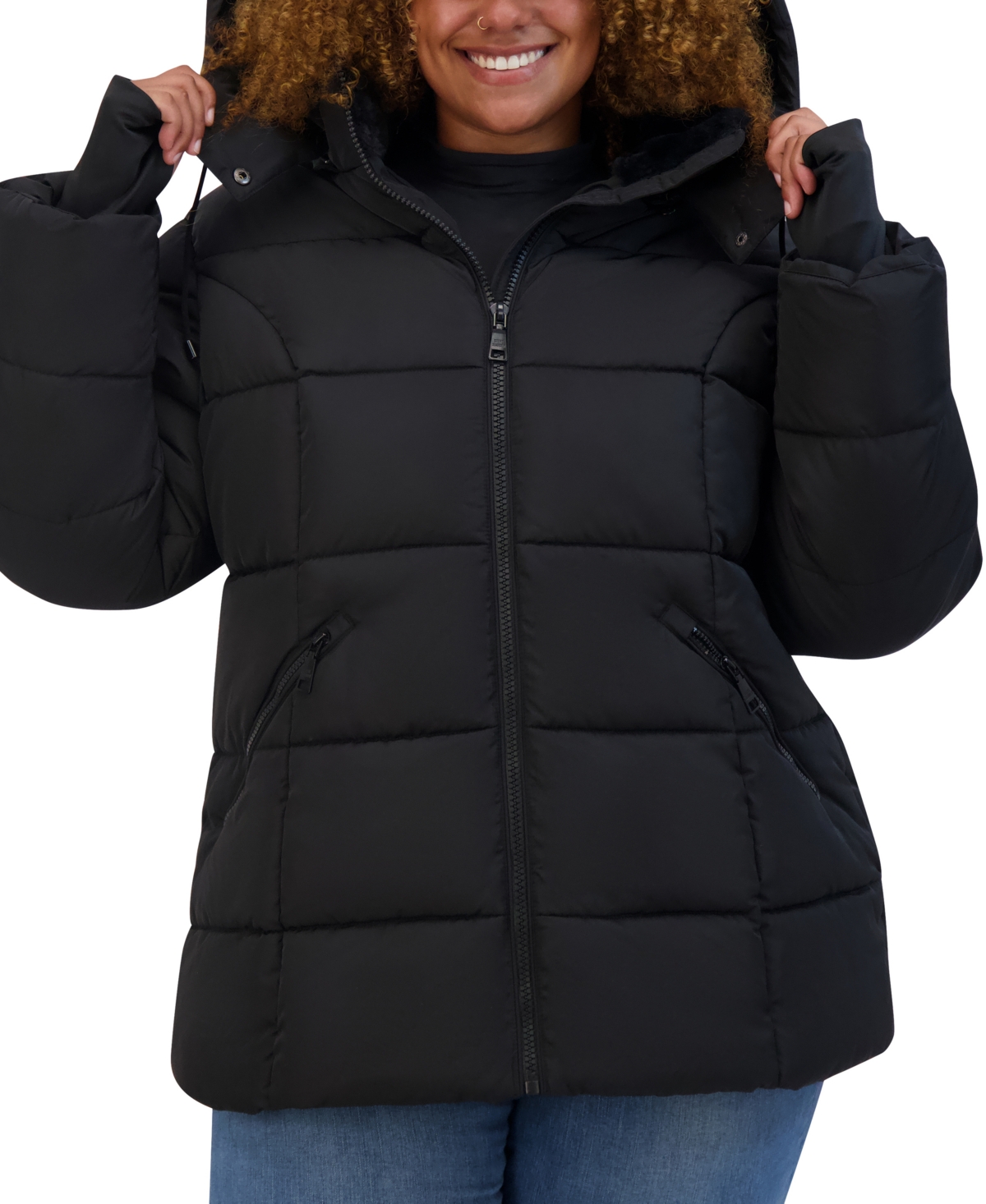 Steve Madden Plus Size Faux-Fur-Trim Hooded Puffer Coat
