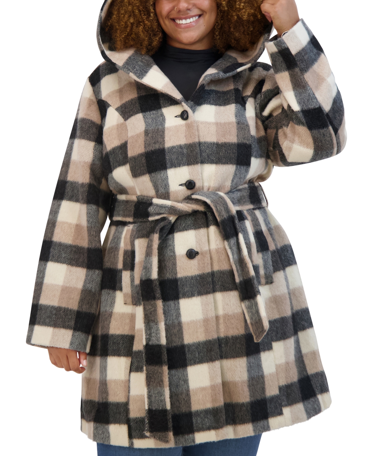 Steve Madden Plus Size Hooded Belted Button-Front Coat, Created for Macy's -Black