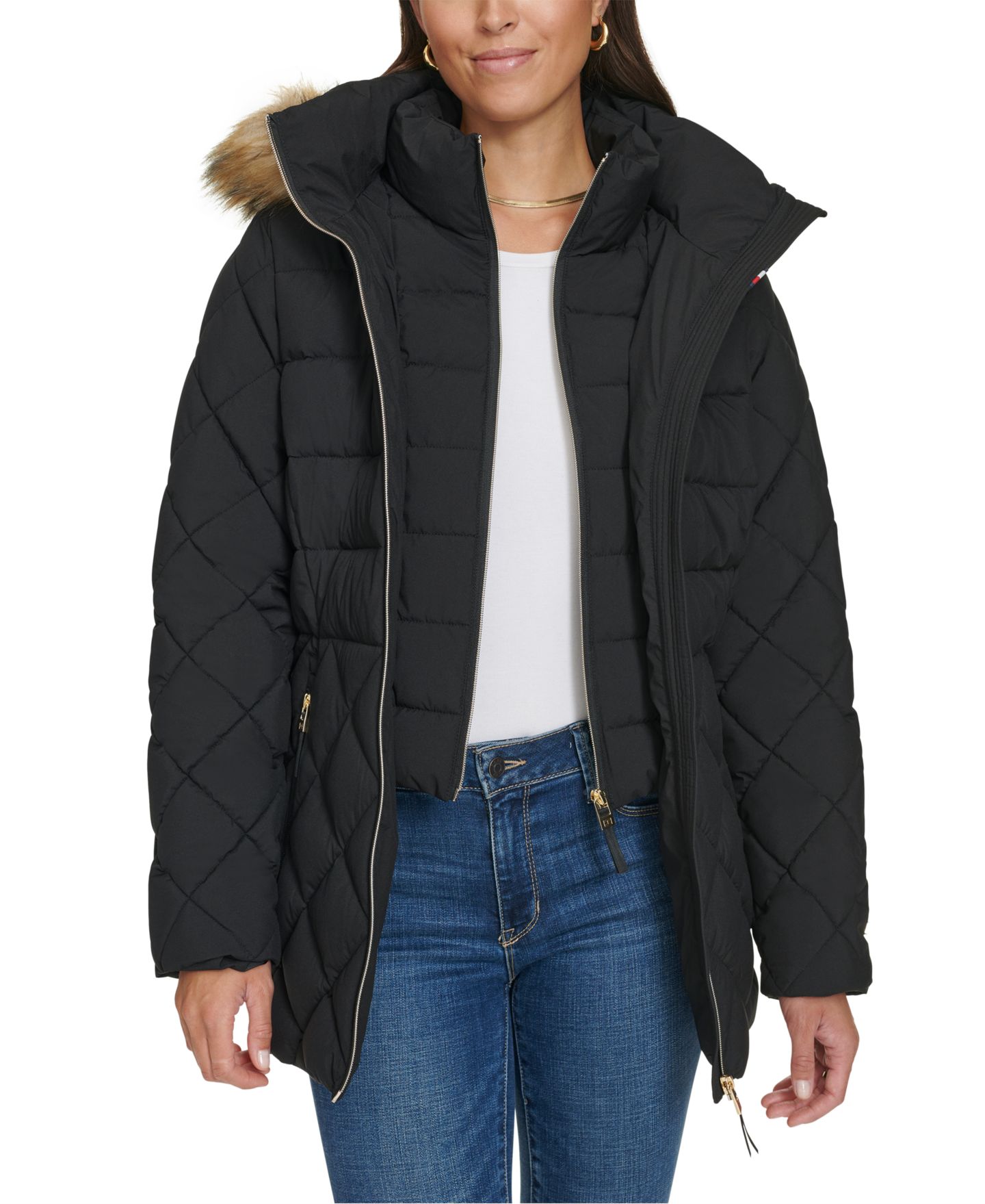 Женская куртка Tommy Hilfiger Bibbed Faux-Fur-Trim Hooded Puffer, цвет: Чёрный — фото 4