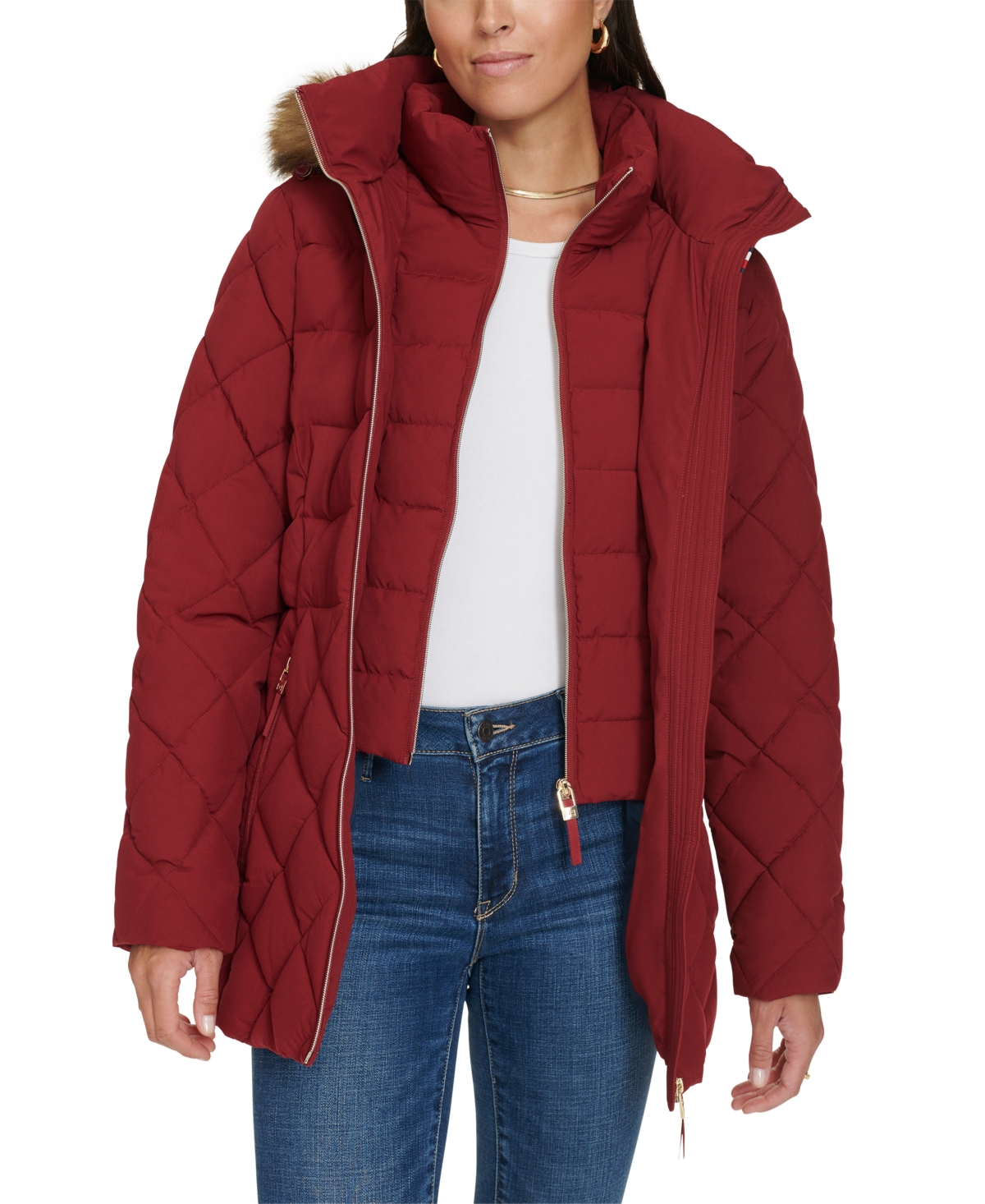 Tommy Hilfiger Women's Bibbed Faux-Fur-Trim Hooded Puffer Coat, Created for Macy's