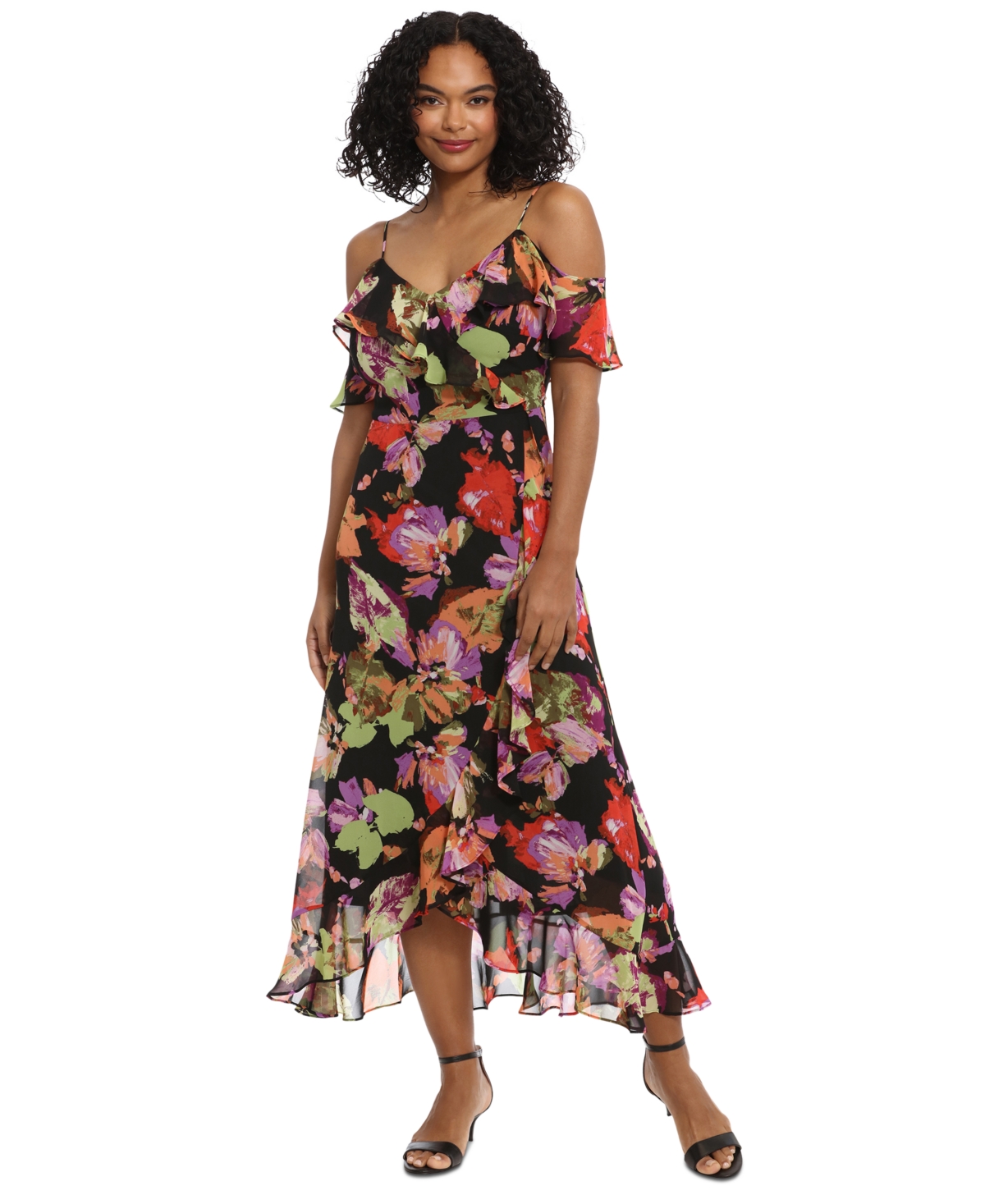 Petite Floral-Print Cold-Shoulder Maxi Dress - Black Multi