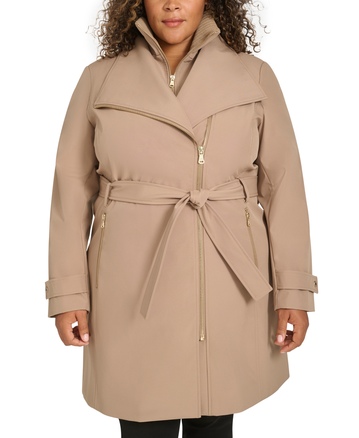 Calvin Klein Plus Size Belted Long-sleeve Wrap Coat, Created For Macy's In Caramel