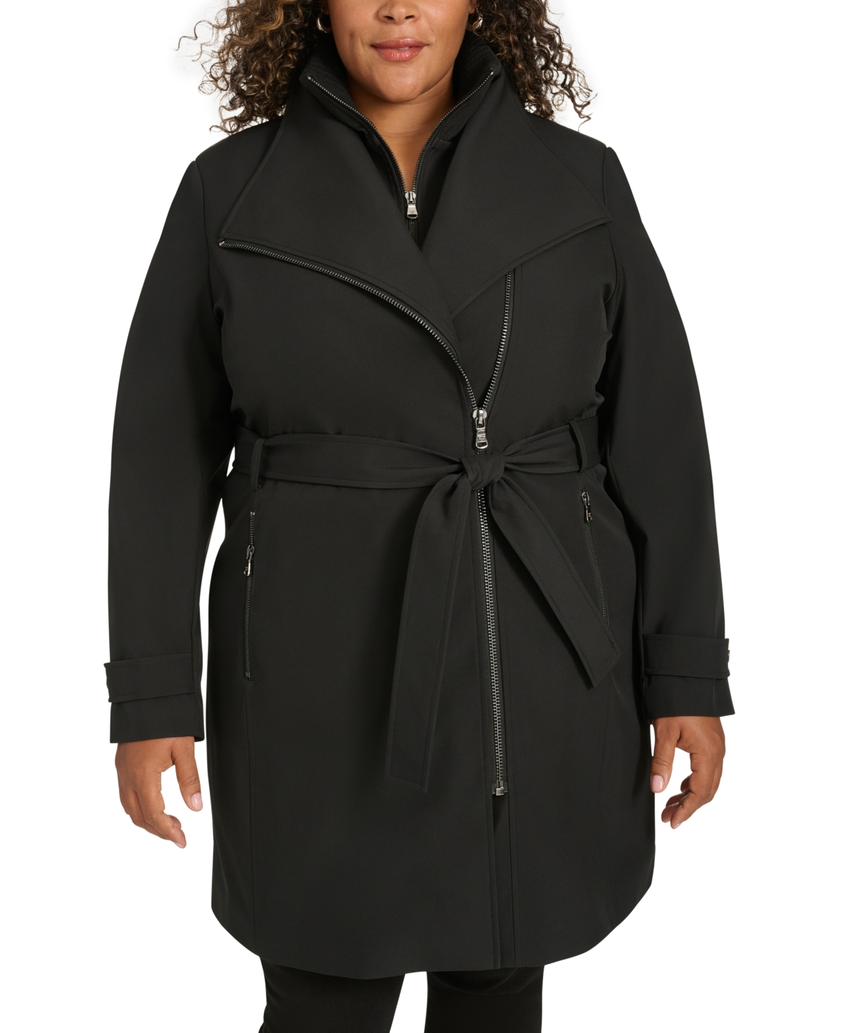 Calvin Klein Plus Size Belted Long-sleeve Wrap Coat, Created For Macy's In Black