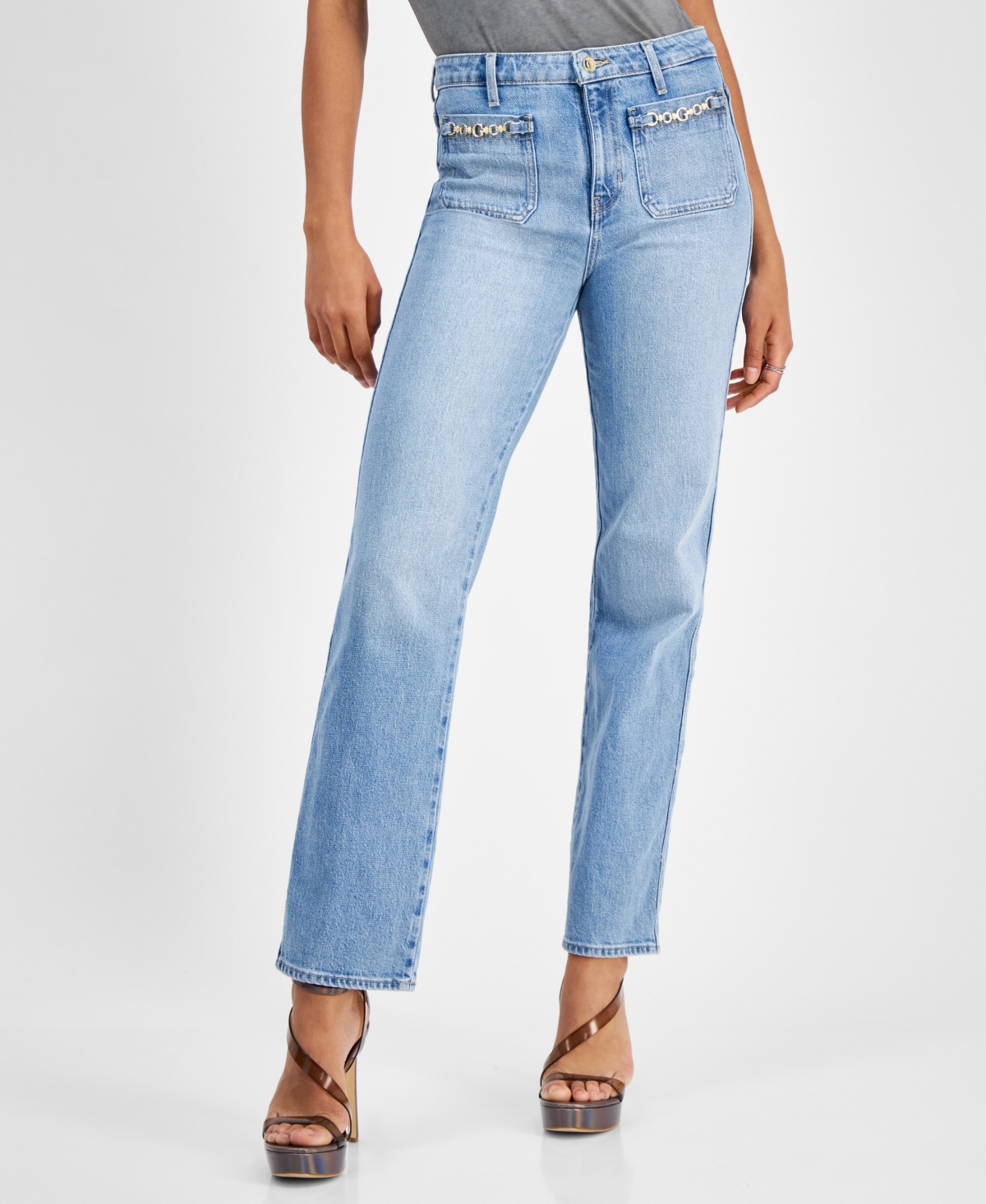 Guess Women's High Rise Patch Pocket Straight Leg Jeans