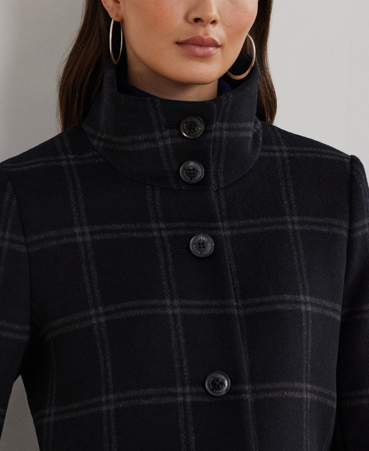 Lauren Ralph Lauren Women's Single-Breasted Stand-Collar Maxi Coat -Grey Windowpane