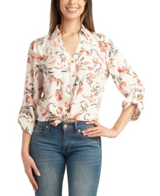 Juniors' Printed Collared Button-Front Tie-Hem Top