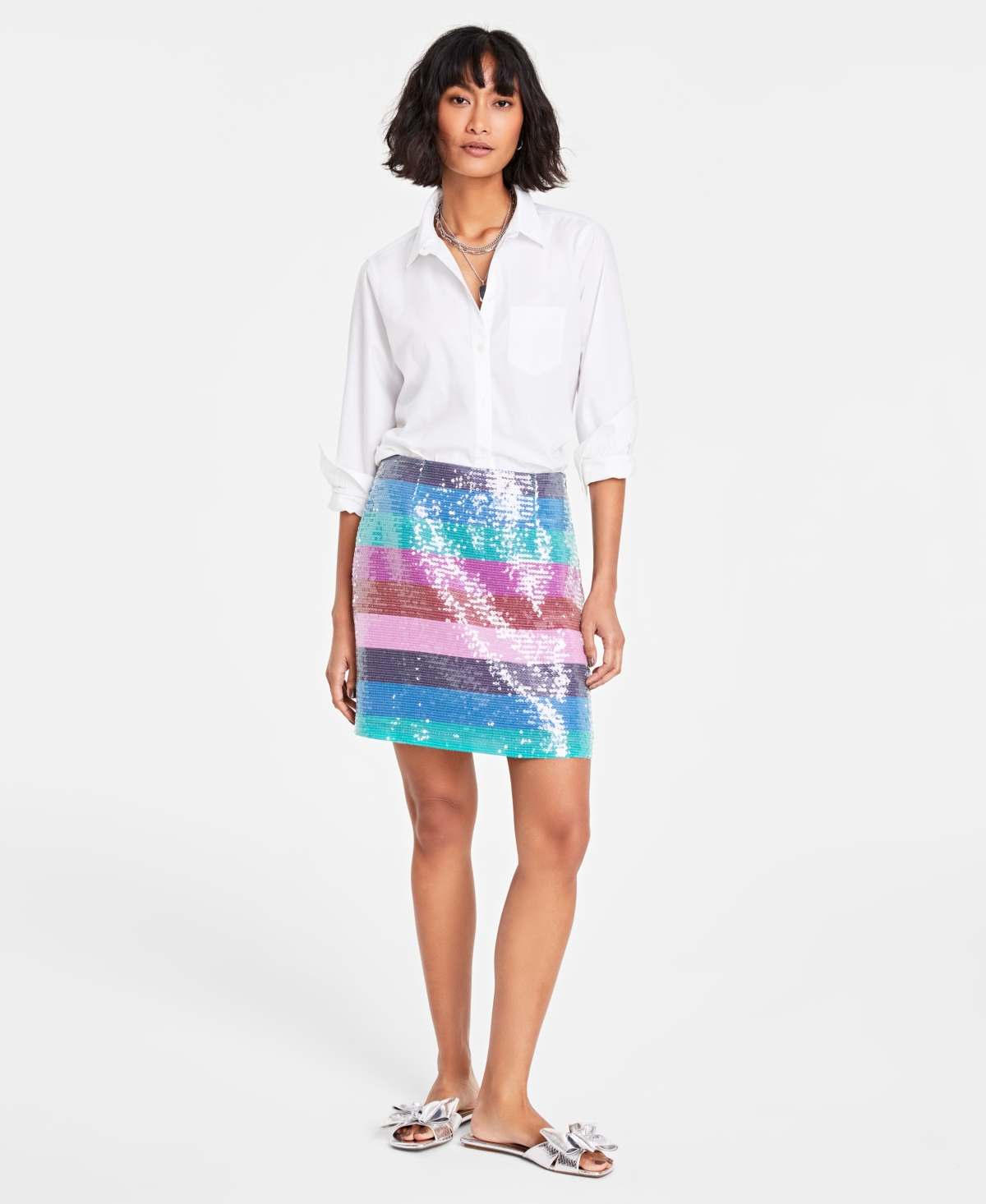 On 34th Women's Mid-Rise Boardwalk-Stripe Sequined Mini Skirt, Created for Macy's