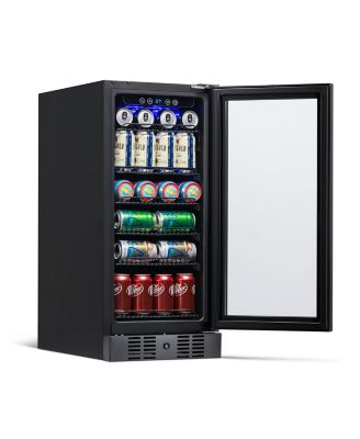 15" Built-in 96 Can Beverage Fridge in Black Stainless Steel with Precision Temperature Controls and Adjustable Shelves