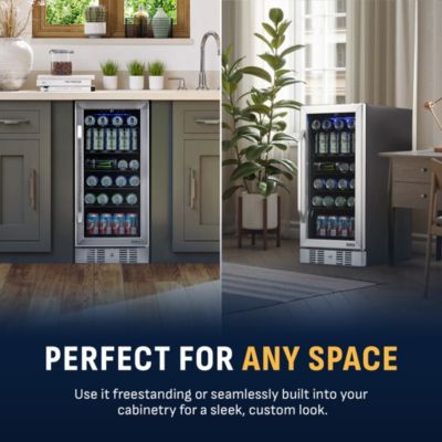 15" Built-in 96 Can Beverage Fridge in Stainless Steel with Precision Temperature Controls and Adjustable Shelves