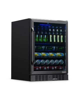 24" Built-in 177 Can Beverage Fridge in Black Stainless Steel with Precision Temperature Controls and Adjustable Shelves