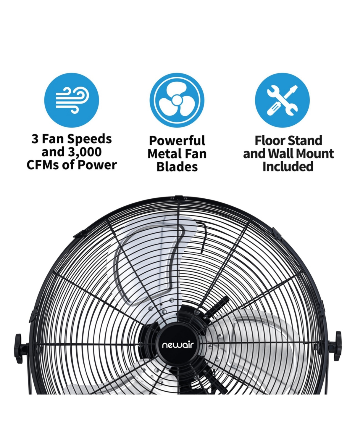 Newair 20" High Velocity Outdoor Fan, Heavy Duty Waterproof 2-in-1 Floor Stand or Wall Mount Fan, Adjustable Tilt and 3 Speeds up to 4650 Cfm | W