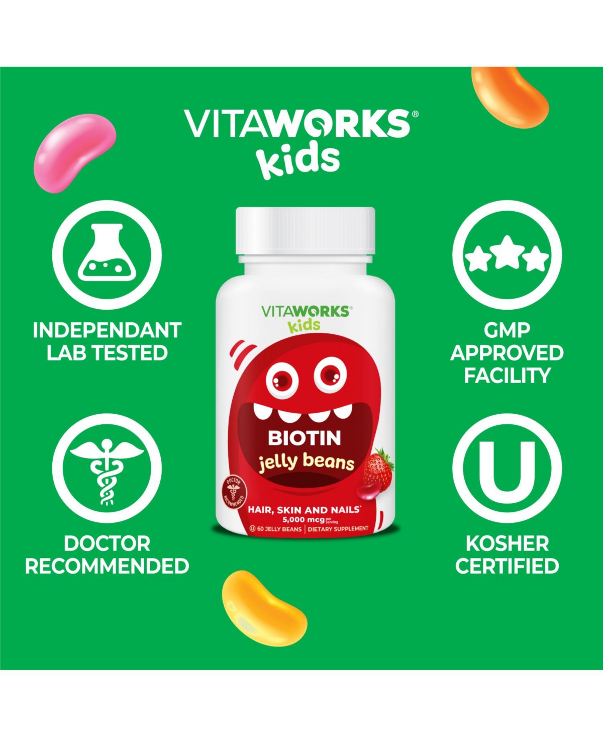 VitaWorks Kids Biotin 5,000 mcg Jelly Beans - Hair Skin And Nails Vitamins - Tasty Natural Strawberry Blast Flavor - Jellies