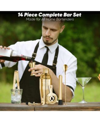 Premium 14 Piece Stainless Steel Bartender Kit with Bamboo Stand (Gold)