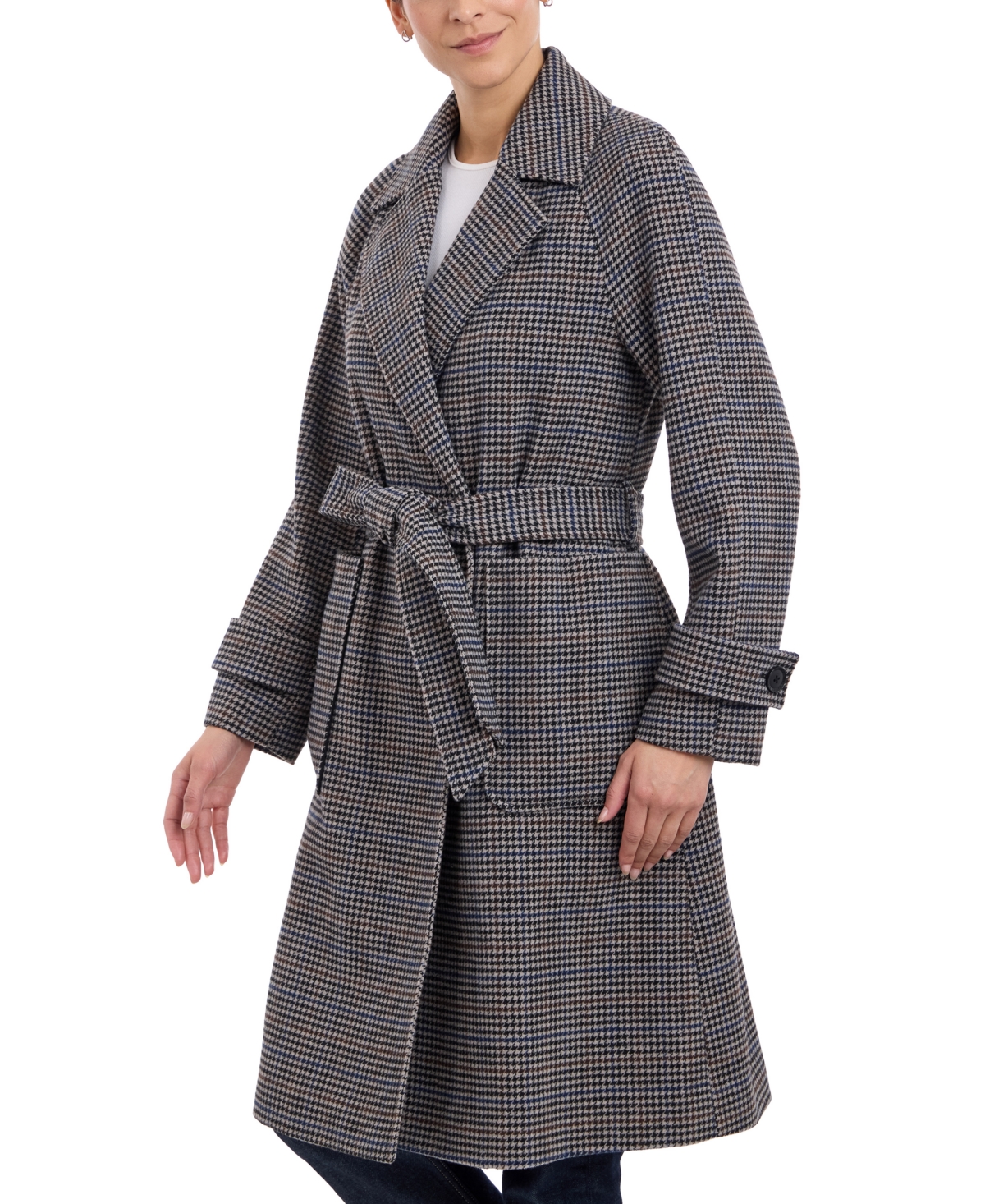 BCBGeneration Women's Belted Walker Coat -Navy Houndstooth