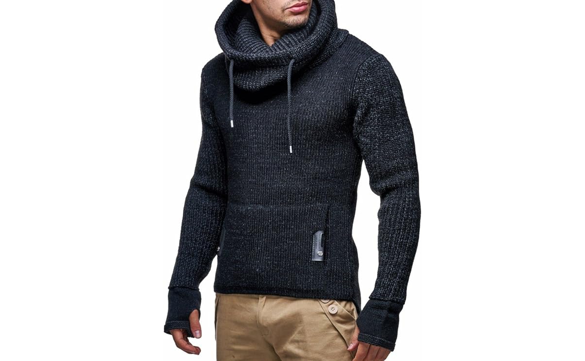 Leif Nelson Men's Cowl Neck Knitted Pullover with Thumbhole Cuffs