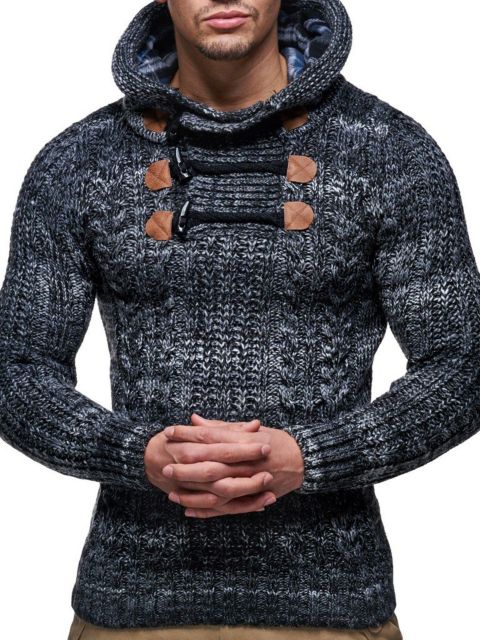 Мужское худи Leif Nelson Knitted Pullover Long-sleeved slim fit Basic winter -sweater for Men, цвет: Чёрный