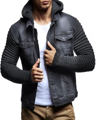 Men's LN5240 Casual Denim Jacket with Knitted Sleeves