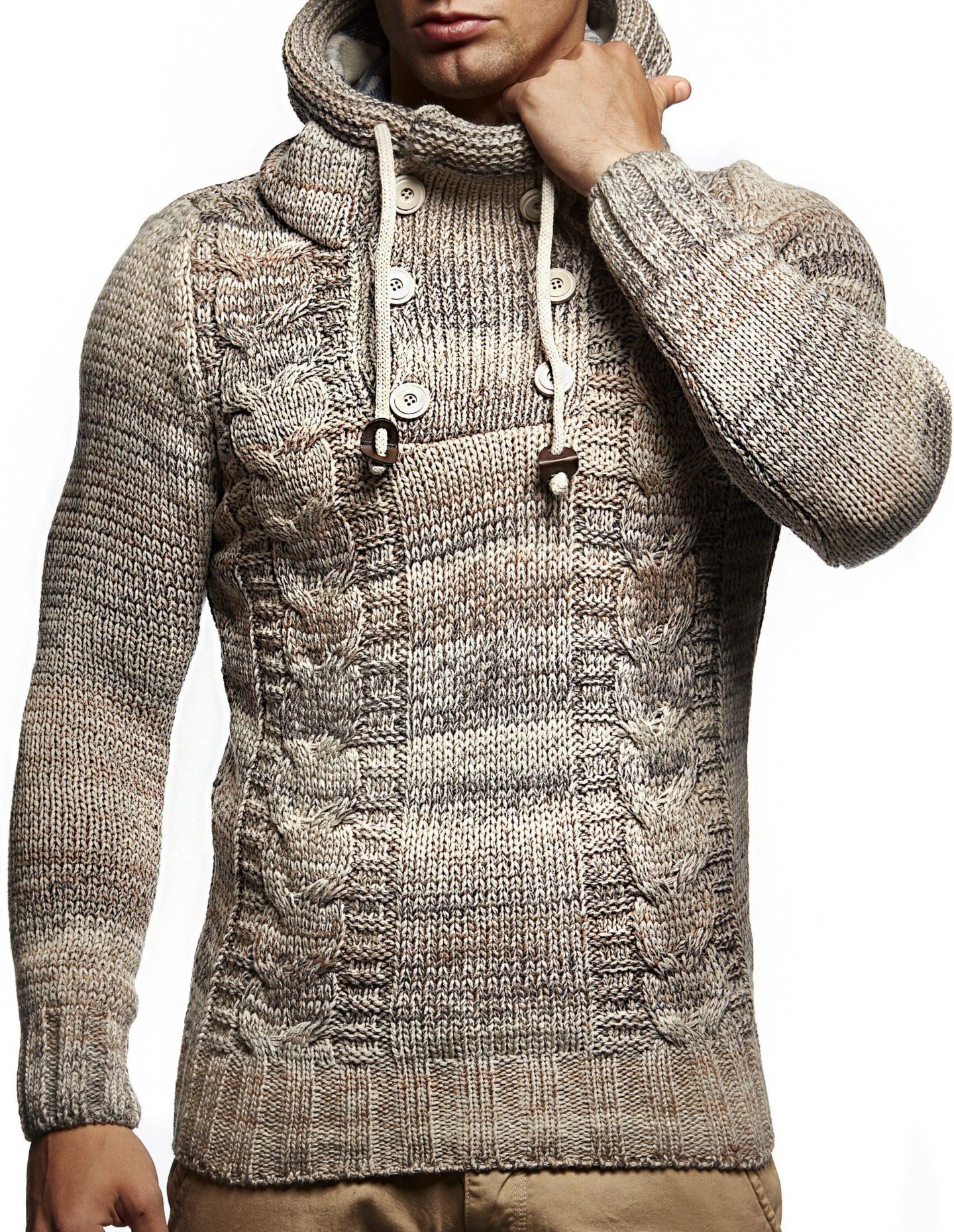 Мужское худи Leif Nelson Knit Sweater with Button Accents – Cable Knit Design, цвет: Бежевый — фото 2