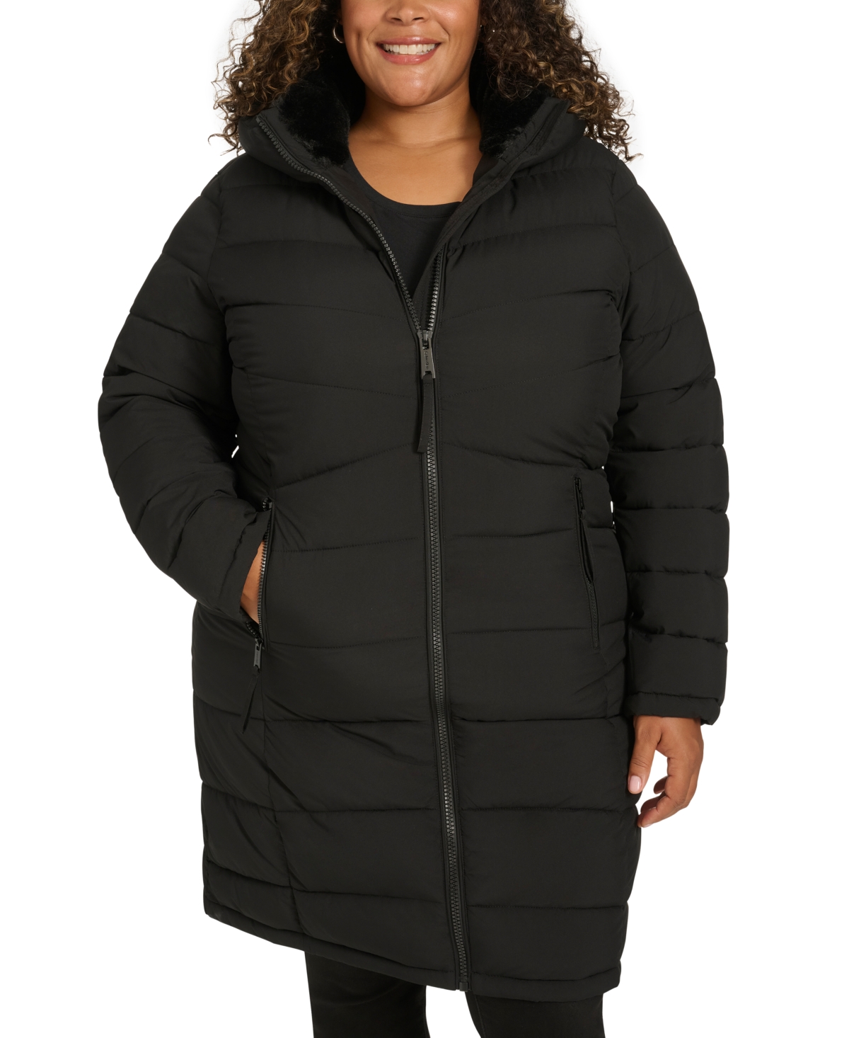 Shop Calvin Klein Plus Size Hooded Zip-front Puffer Coat In Black